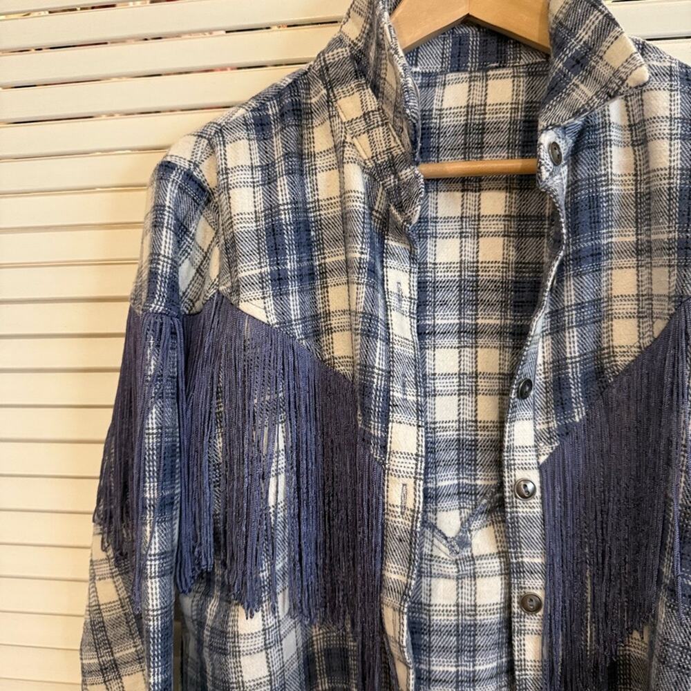 OOAK Western Plaid and Tassel Button Down Shirt Shacket - Picture 4 of 5